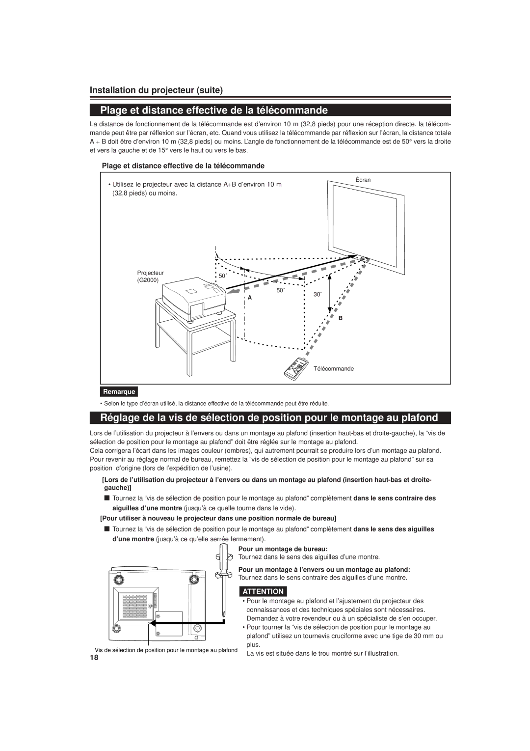 JVC DLA-G20U manual Plage et distance effective de la télécommande, Pour un montage de bureau 