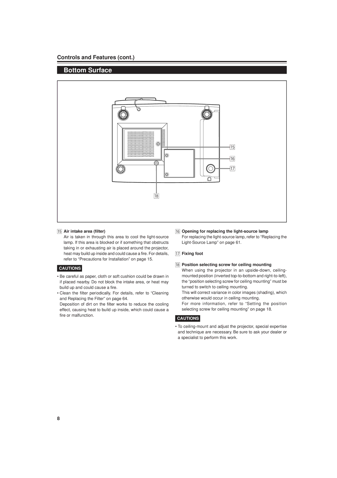 JVC DLA-G20U manual Bottom Surface, Air intake area filter, Opening for replacing the light-source lamp 