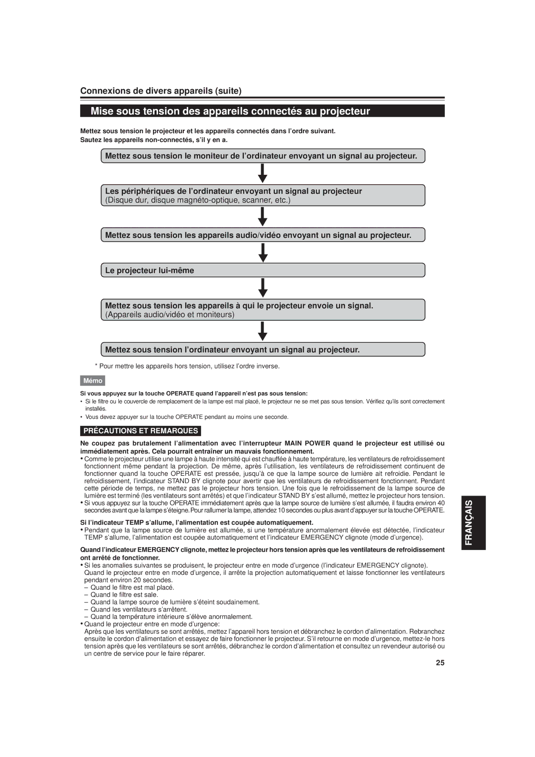 JVC DLA-G20U manual Mise sous tension des appareils connectés au projecteur, Précautions ET Remarques 