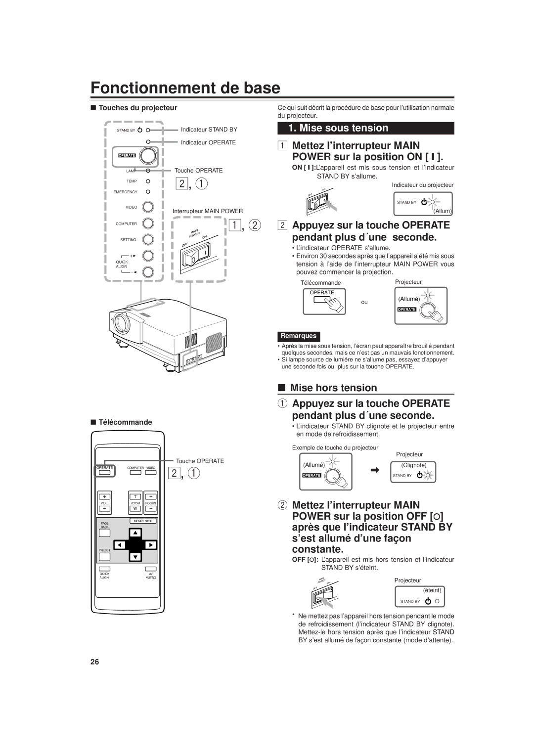 JVC DLA-G20U manual Fonctionnement de base, Mise sous tension, Mise hors tension, Touches du projecteur, Télécommande 