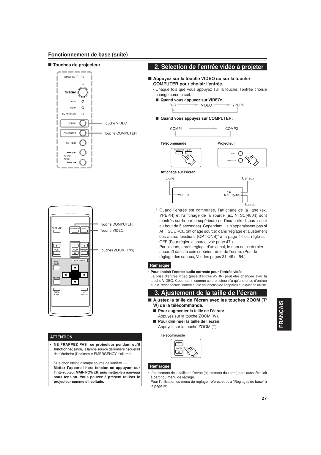 JVC DLA-G20U manual Ajustement de la taille de l’écran, Fonctionnement de base suite, Computer pour choisir l’entrée 