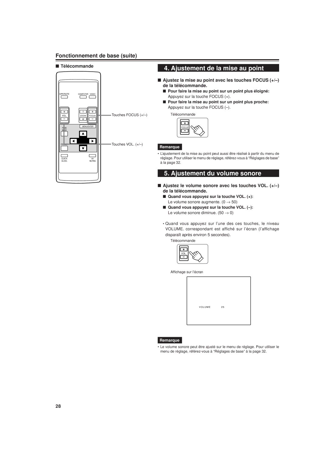 JVC DLA-G20U manual Ajustement de la mise au point, Ajustement du volume sonore, Touches Focus + Touches VOL. + 