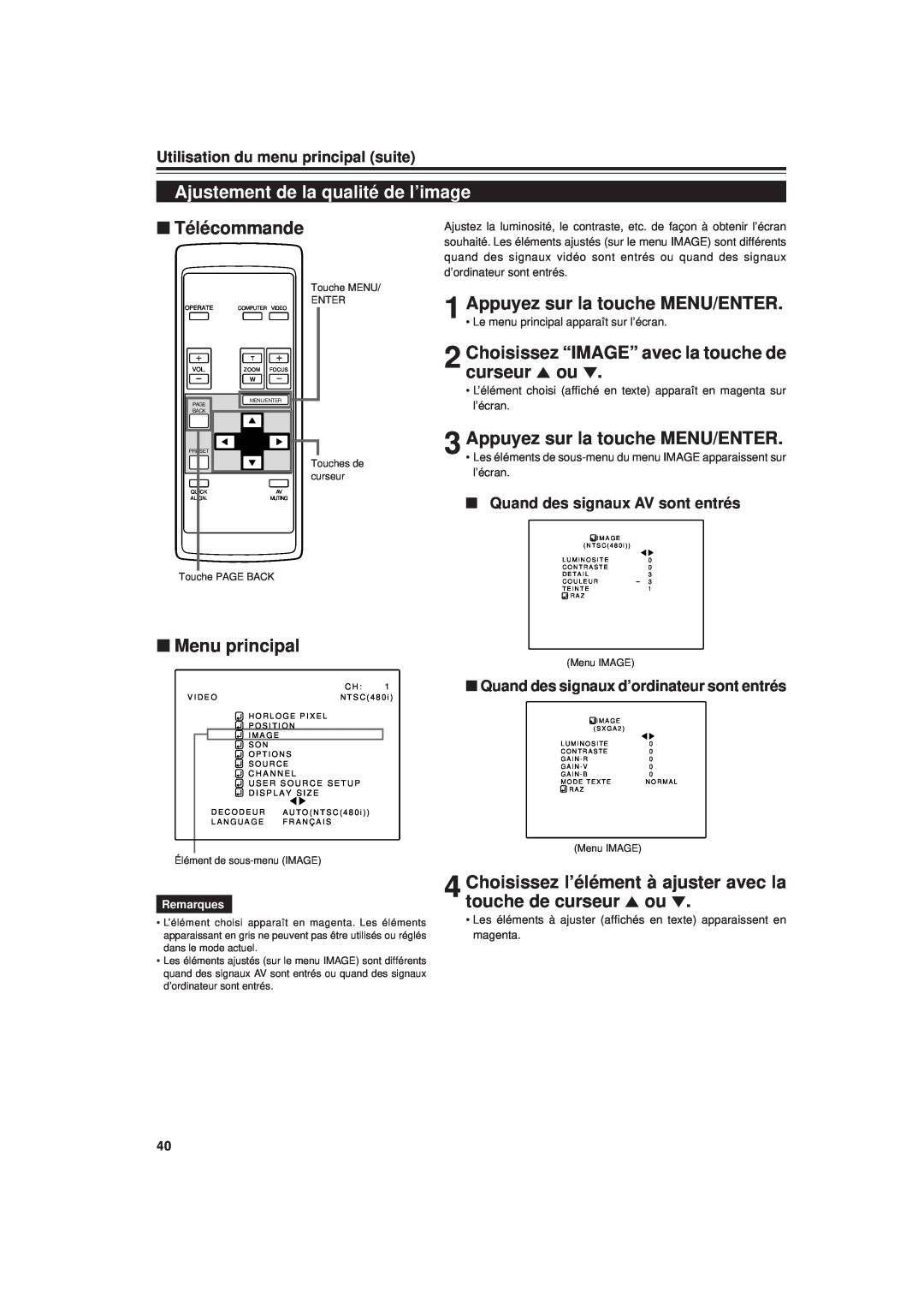 JVC DLA-G20U manual Ajustement de la qualité de l’image, Choisissez “IMAGE” avec la touche de curseur 5 ou ∞, Télécommande 