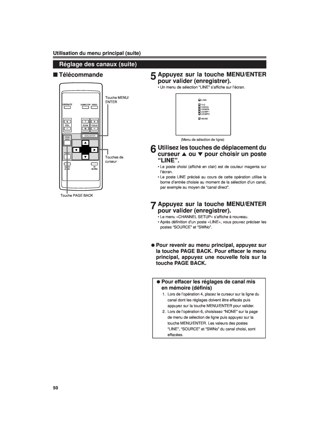 JVC DLA-G20U manual Réglage des canaux suite, Appuyez sur la touche MENU/ENTER pour valider enregistrer, Télécommande 