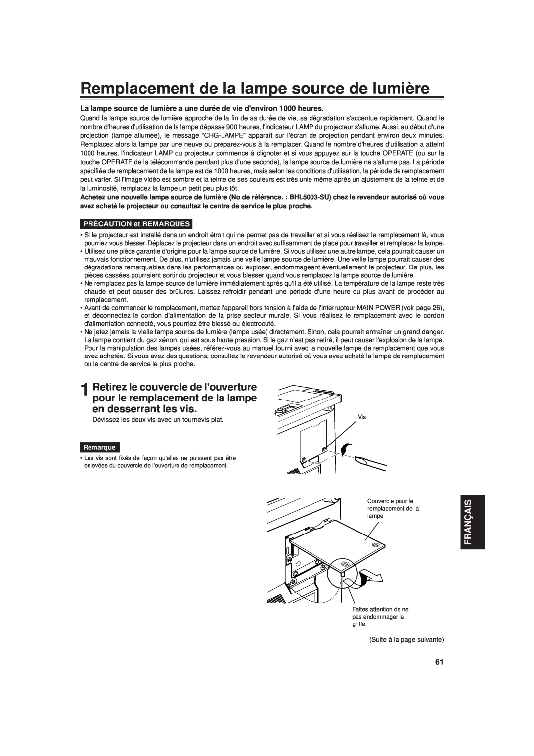 JVC DLA-G20U manual Remplacement de la lampe source de lumière, Français, PRÉCAUTION et REMARQUES, Remarque 