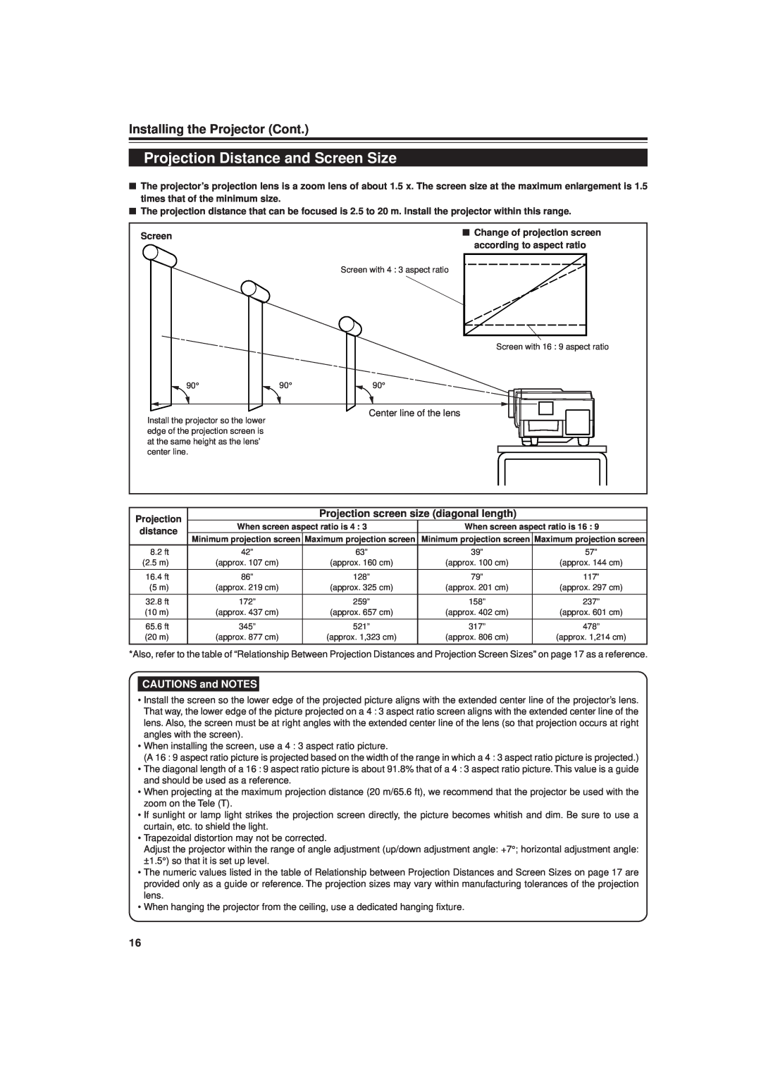 JVC DLA-G20U Projection Distance and Screen Size, Installing the Projector Cont, Projection screen size diagonal length 
