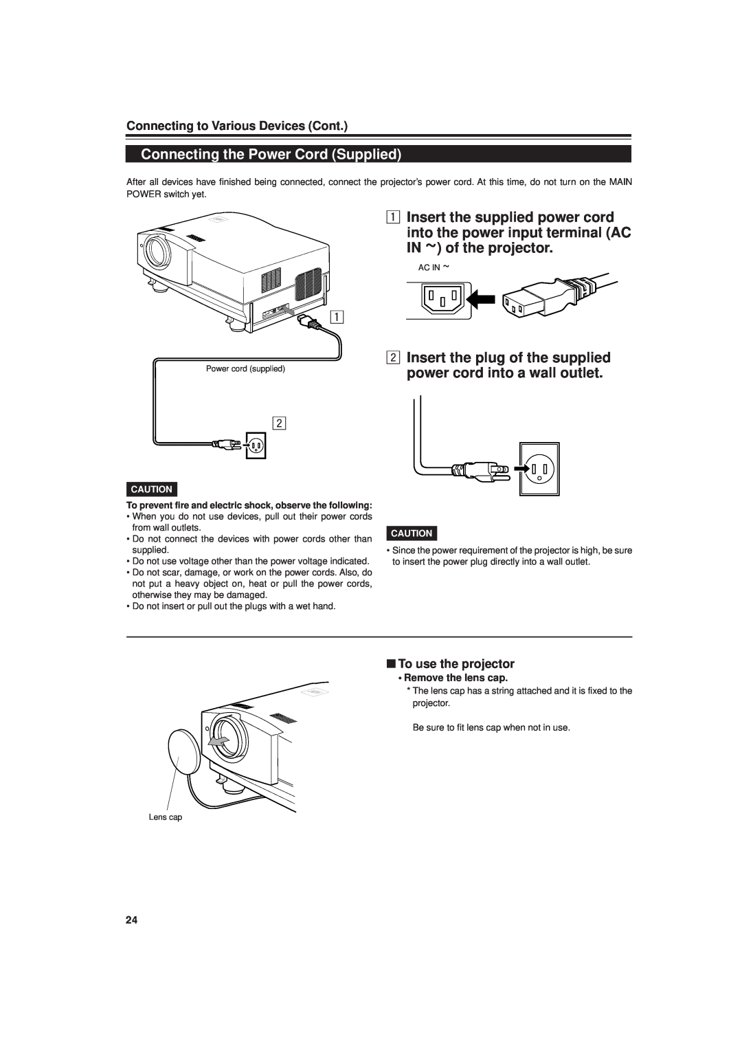 JVC DLA-G20U manual Connecting the Power Cord Supplied, Insert the supplied power cord, Connecting to Various Devices Cont 