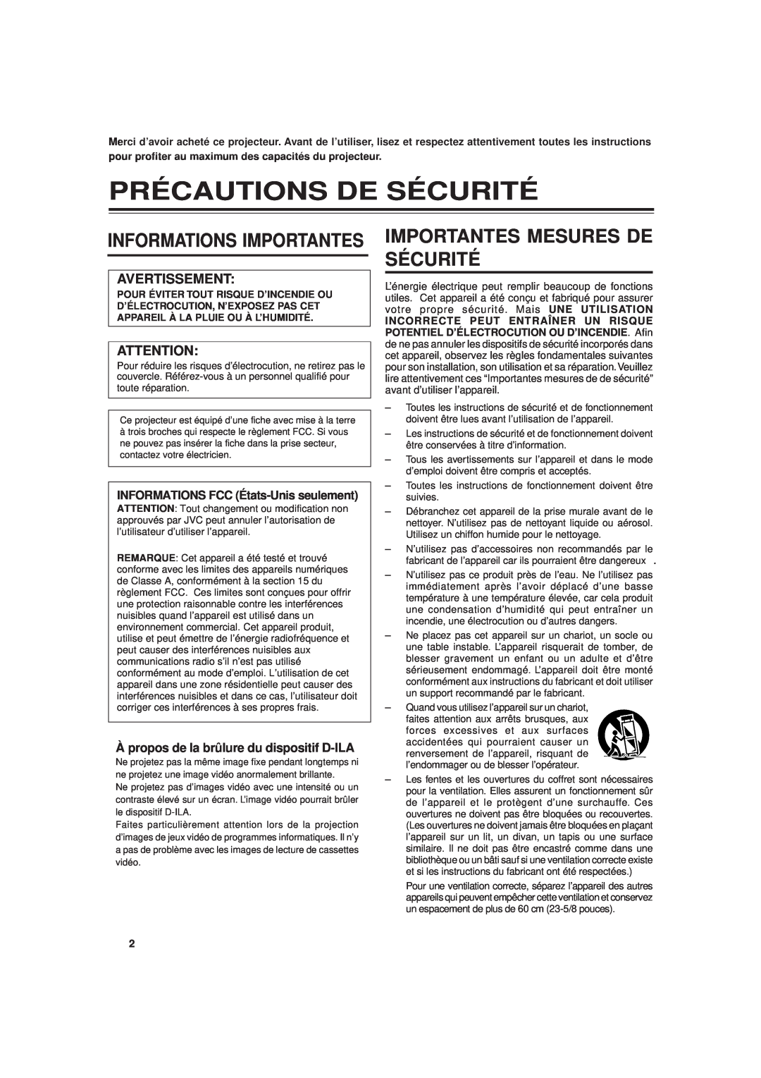 JVC DLA-G20U manual Précautions De Sécurité, Importantes Mesures De Sécurité, Informations Importantes 