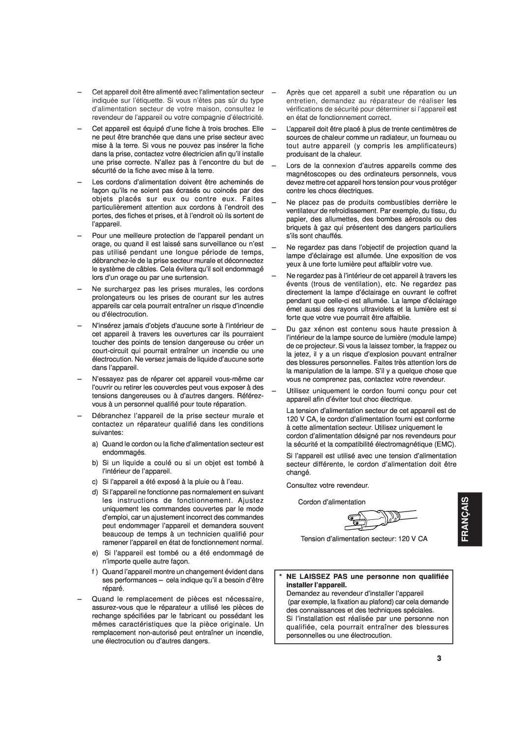 JVC DLA-G20U manual Français, NE LAISSEZ PAS une personne non qualifiée installer l’appareil 