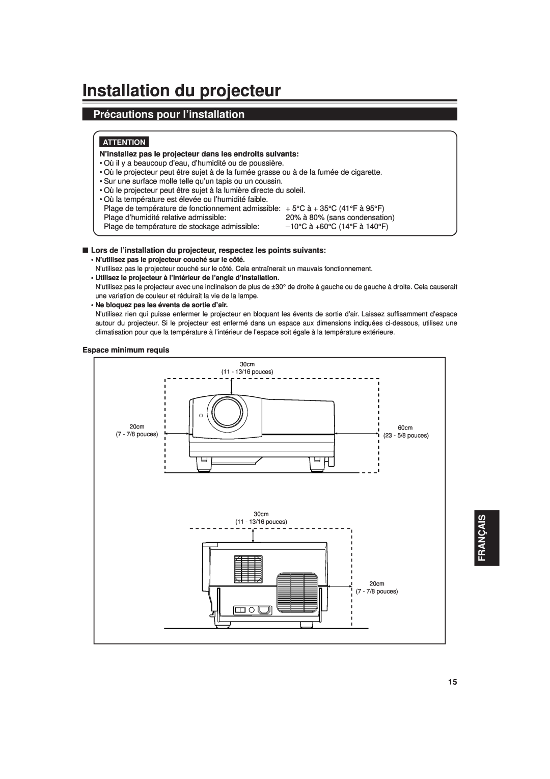 JVC DLA-G20U manual Installation du projecteur, Précautions pour l’installation, Français, Espace minimum requis 