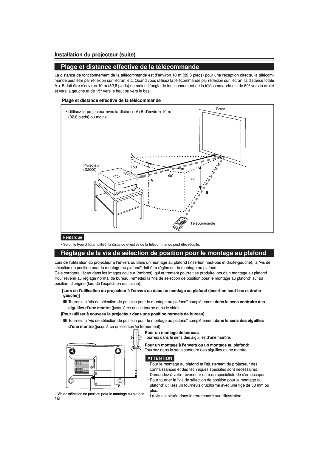 JVC DLA-G20U manual Plage et distance effective de la télécommande, Installation du projecteur suite, Remarque 