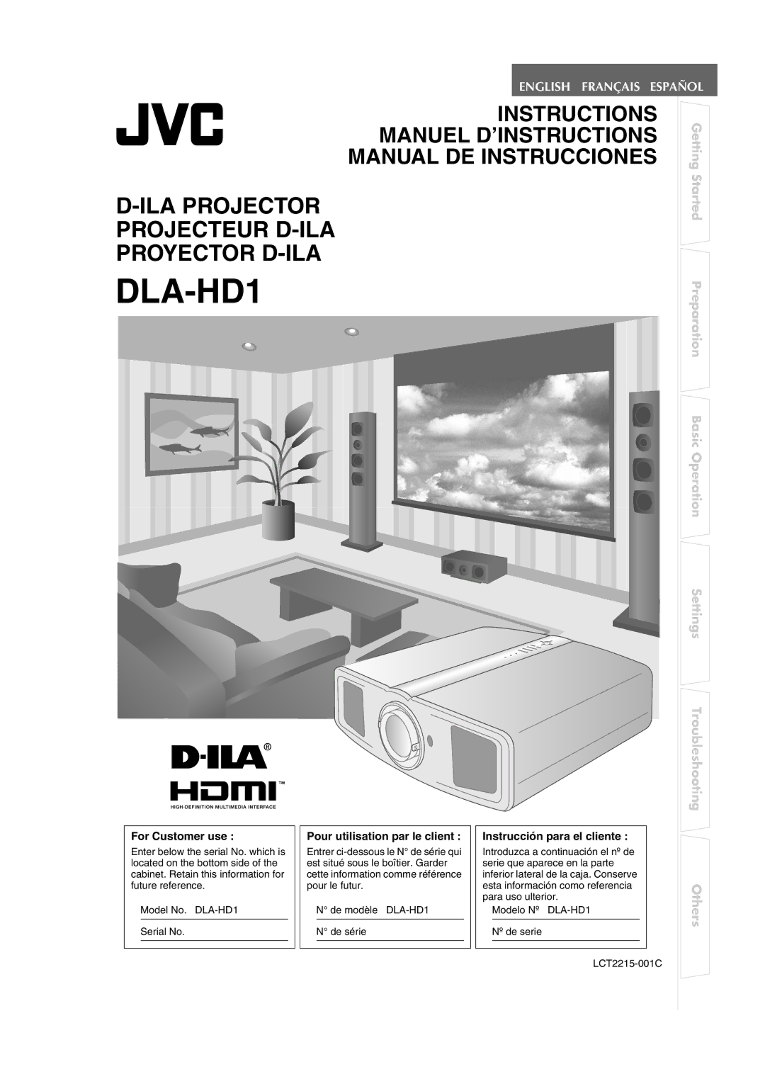 JVC DLA-HD1 manual For Customer use, Pour utilisation par le client, Instrucción para el cliente 