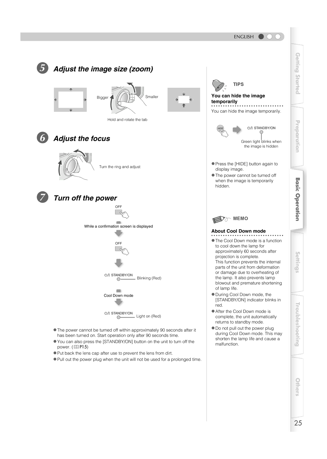 JVC DLA-HD1 manual Adjust the image size zoom, Adjust the focus, Turn off the power, You can hide the image temporarily 