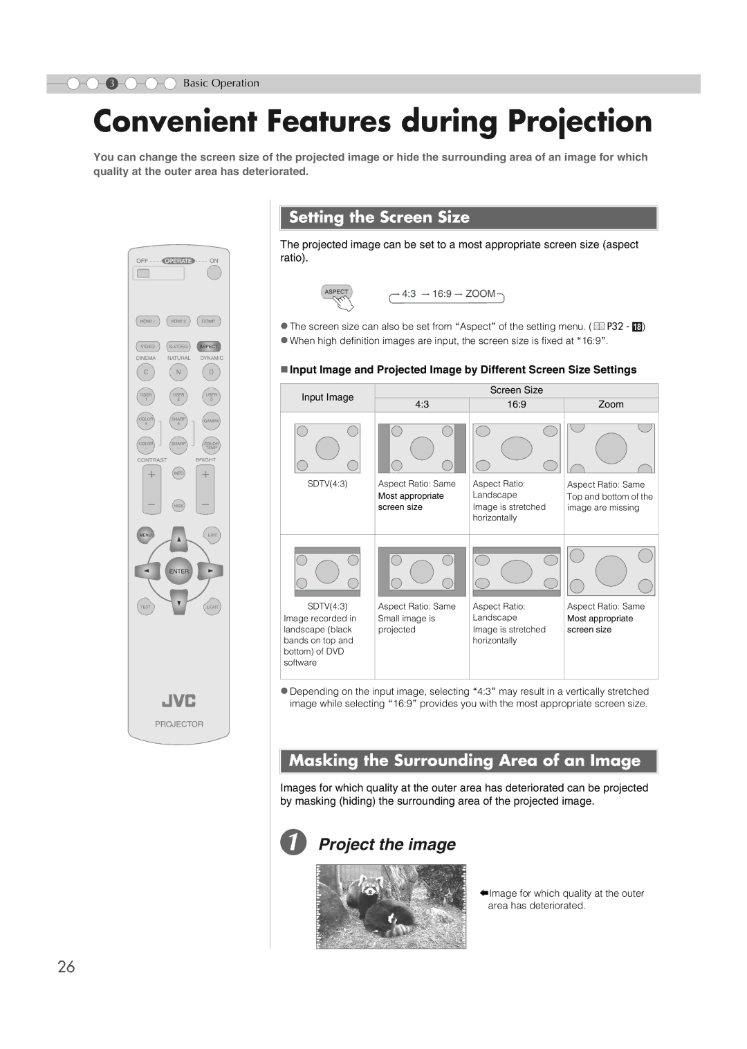 JVC DLA-HD1 manual Convenient Features during Projection, Setting the Screen Size, Masking the Surrounding Area of an Image 