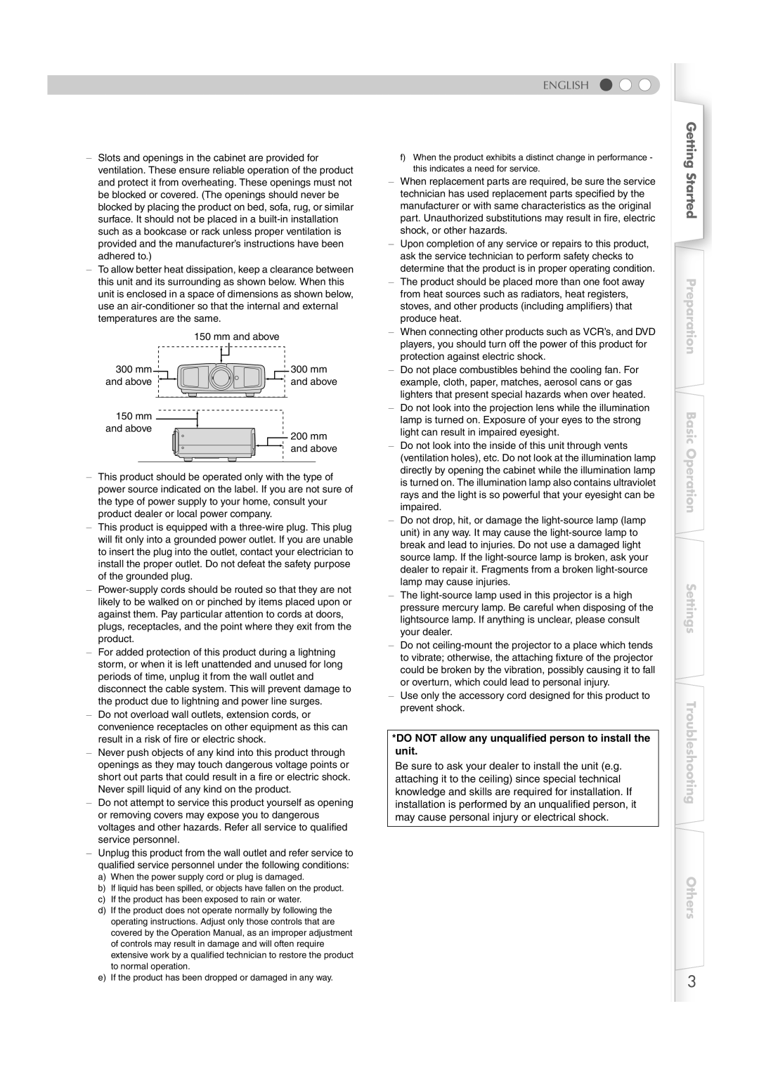 JVC DLA-HD1 manual English, Do not allow any unqualified person to install the unit 