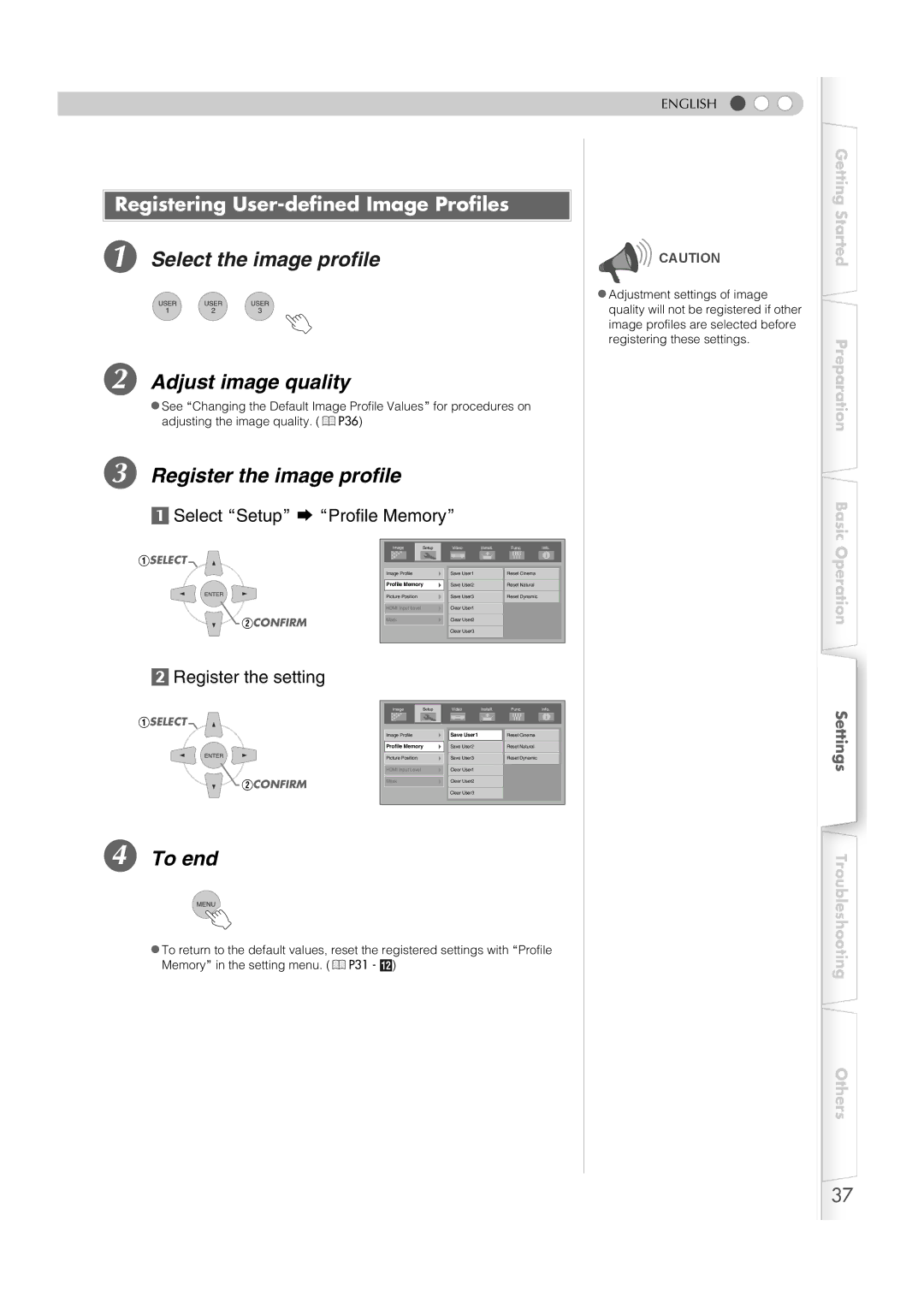 JVC DLA-HD1 manual Register the image profile, Registering User-defined Image Profiles 