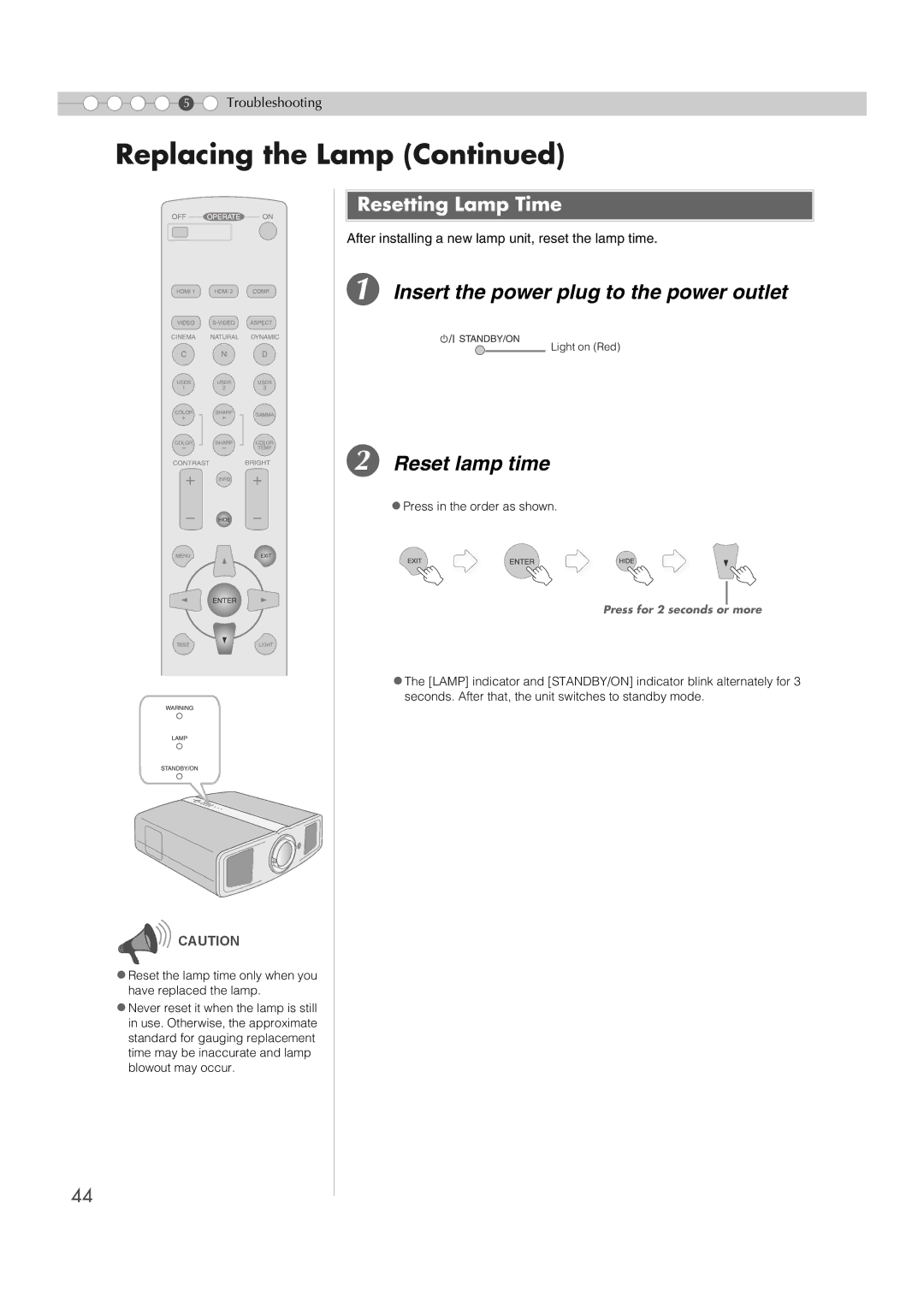 JVC DLA-HD1 manual Insert the power plug to the power outlet, Reset lamp time, Resetting Lamp Time 