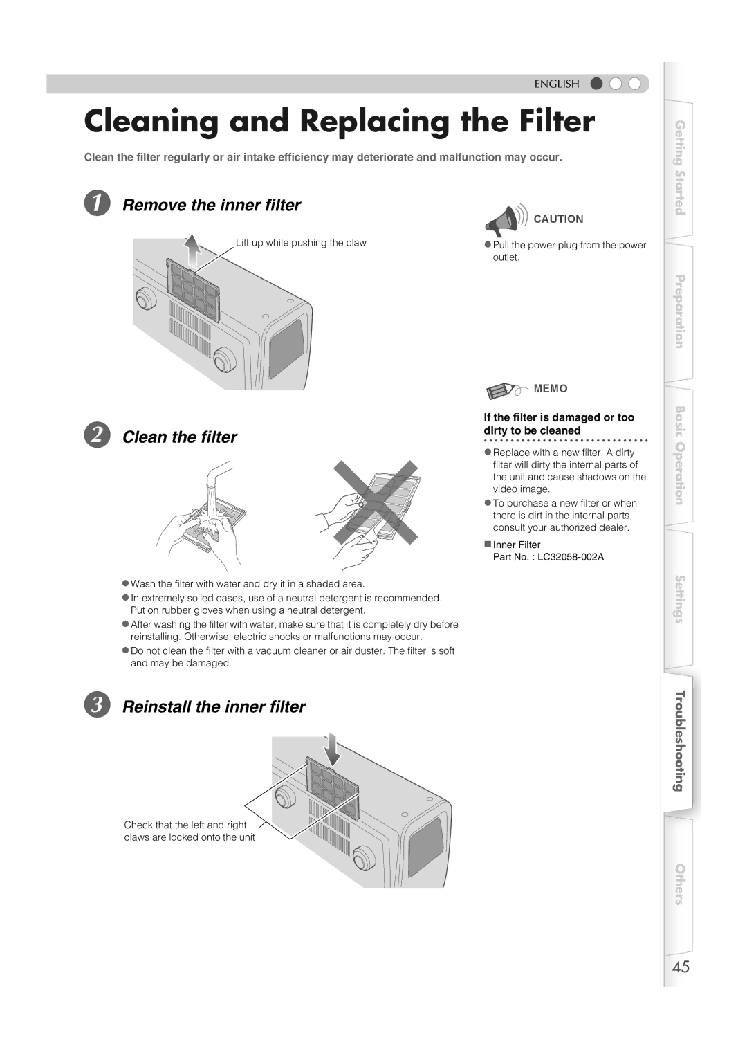 JVC DLA-HD1 manual Cleaning and Replacing the Filter, Remove the inner filter, Clean the filter, Reinstall the inner filter 