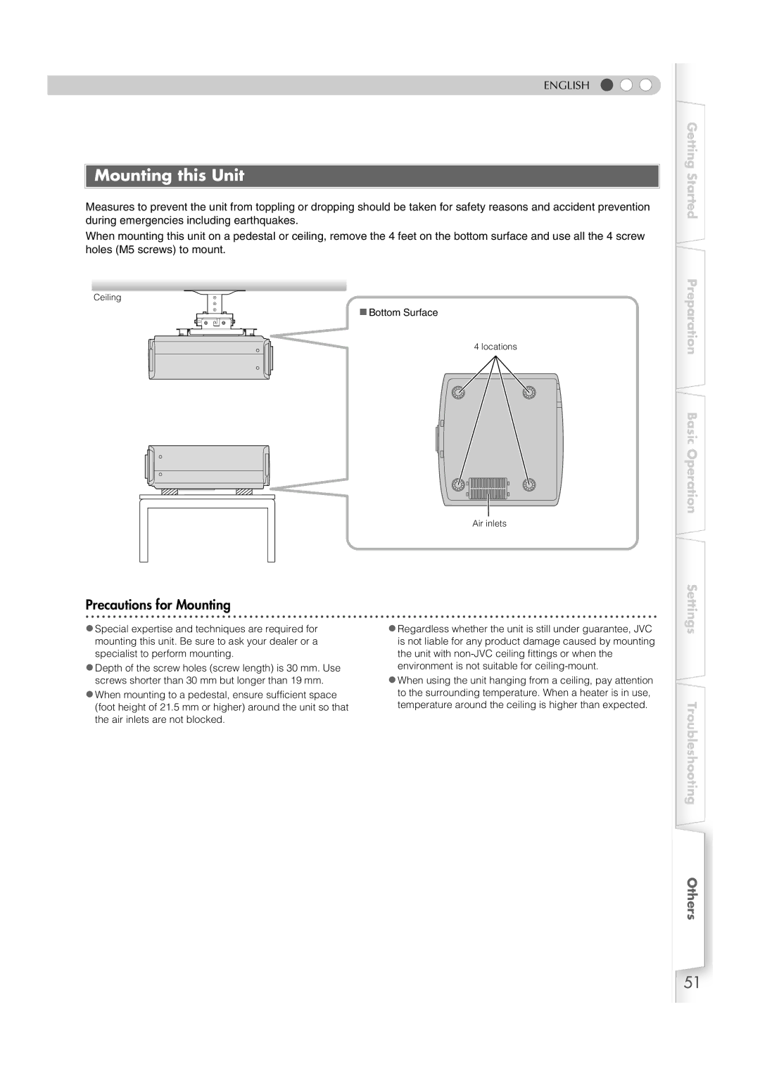 JVC DLA-HD1 manual Mounting this Unit, Precautions for Mounting 