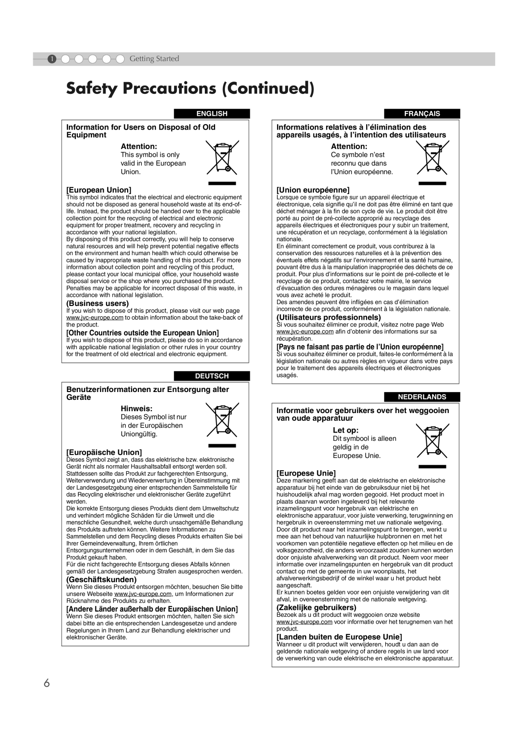 JVC DLA-HD1 manual Information for Users on Disposal of Old Equipment, European Union, Europäische Union, Union européenne 