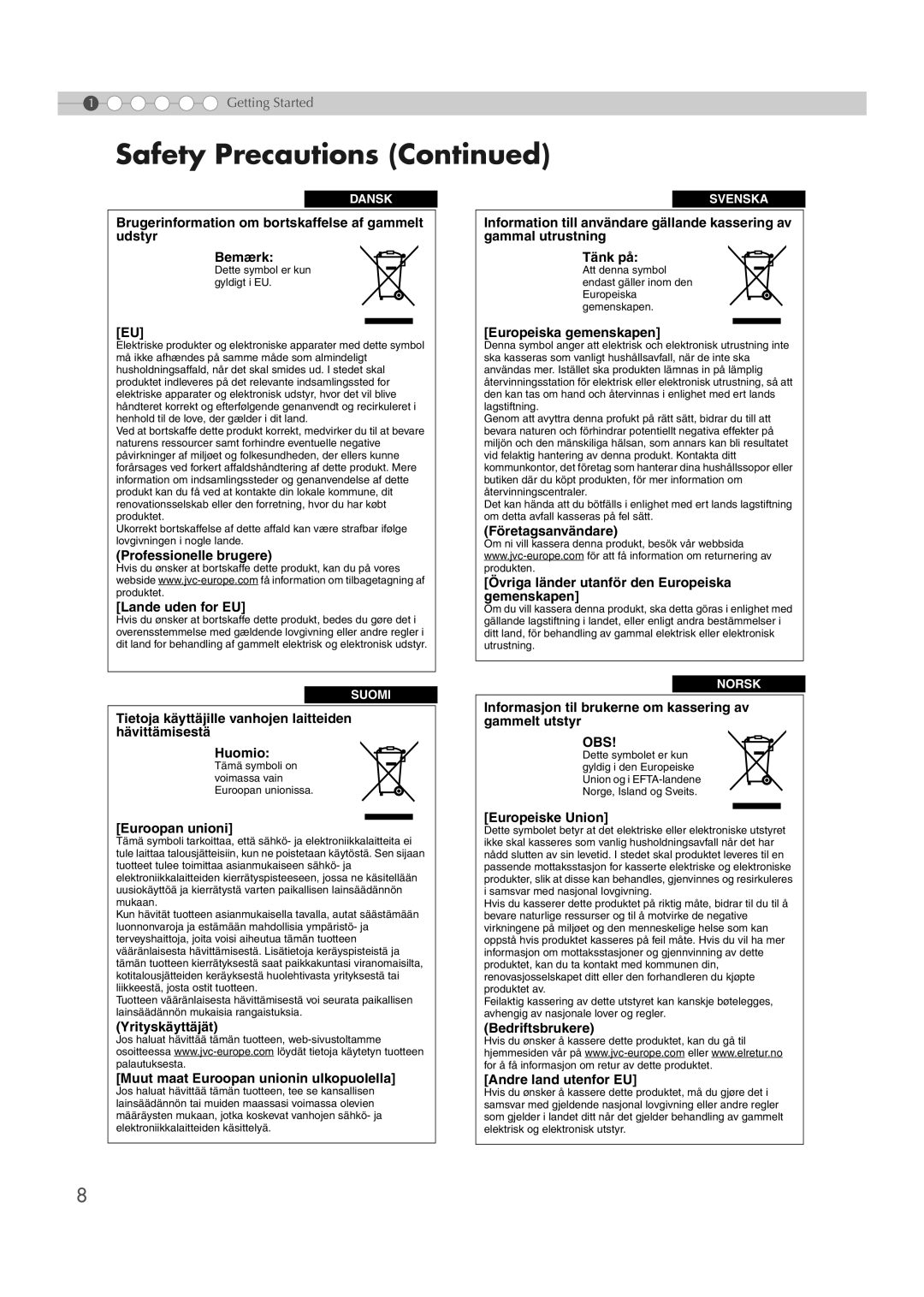 JVC DLA-HD1 manual Brugerinformation om bortskaffelse af gammelt udstyr Bemærk, Professionelle brugere Lande uden for EU 