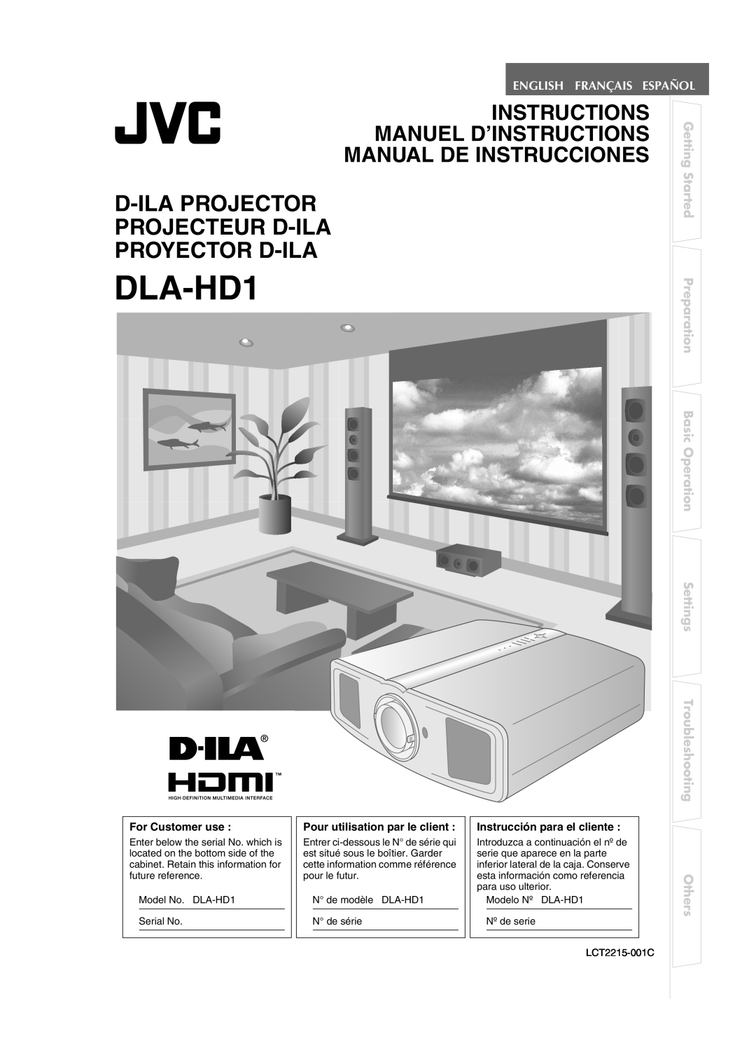 JVC DLA-HD1 manual D-Ila Projector Projecteur D-Ila Proyector D-Ila, English Français Español, Others 