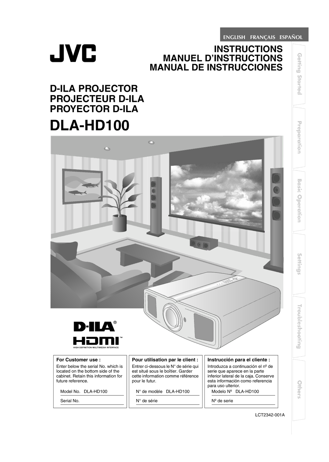 JVC DLA-HD100 manual For Customer use, Pour utilisation par le client, Instrucción para el cliente 