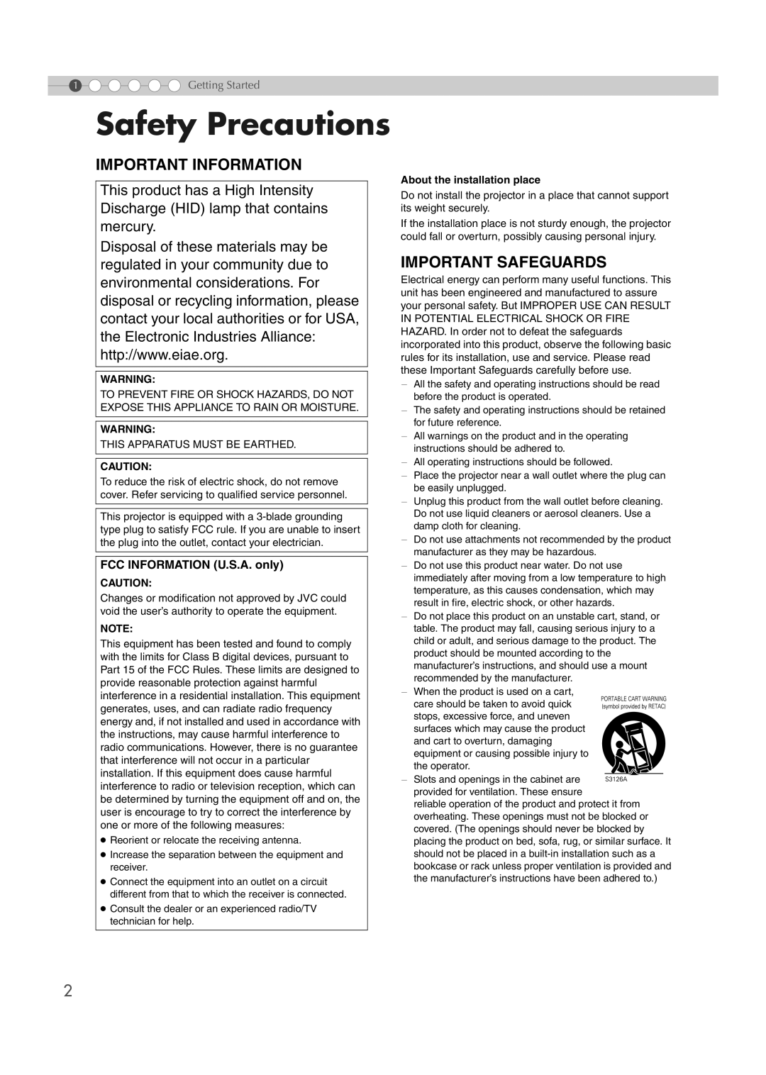 JVC DLA-HD100 manual Safety Precautions, About the installation place 