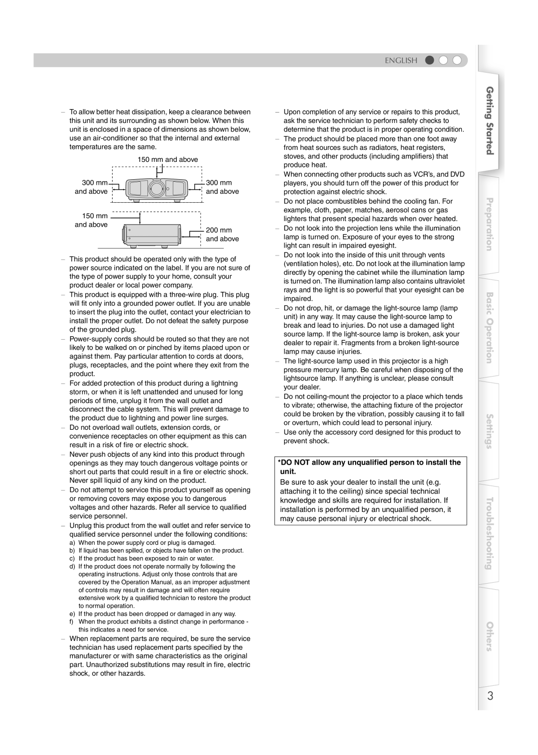 JVC DLA-HD100 manual English, Do not allow any unqualified person to install the unit 