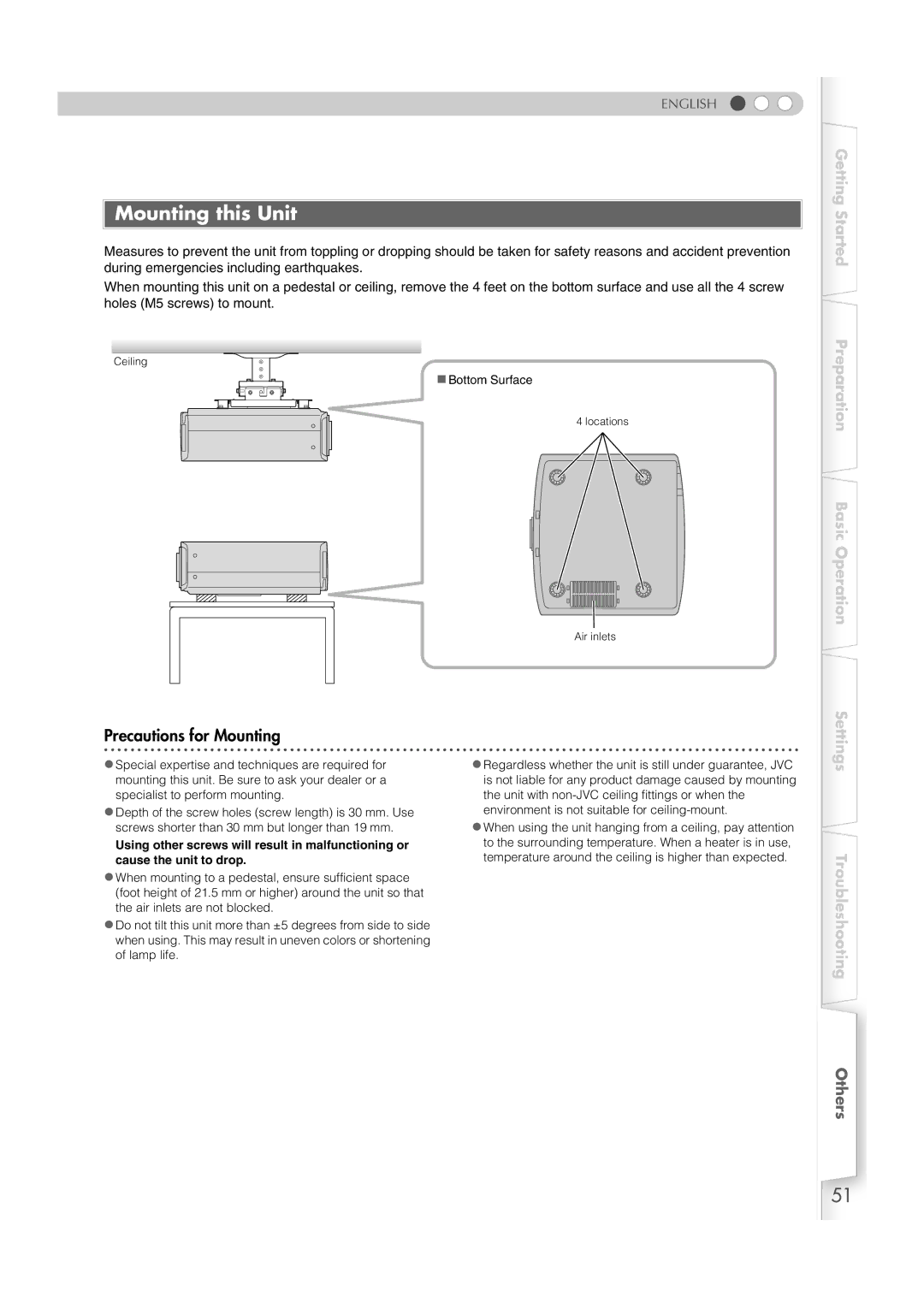 JVC DLA-HD100 manual Mounting this Unit, Precautions for Mounting 