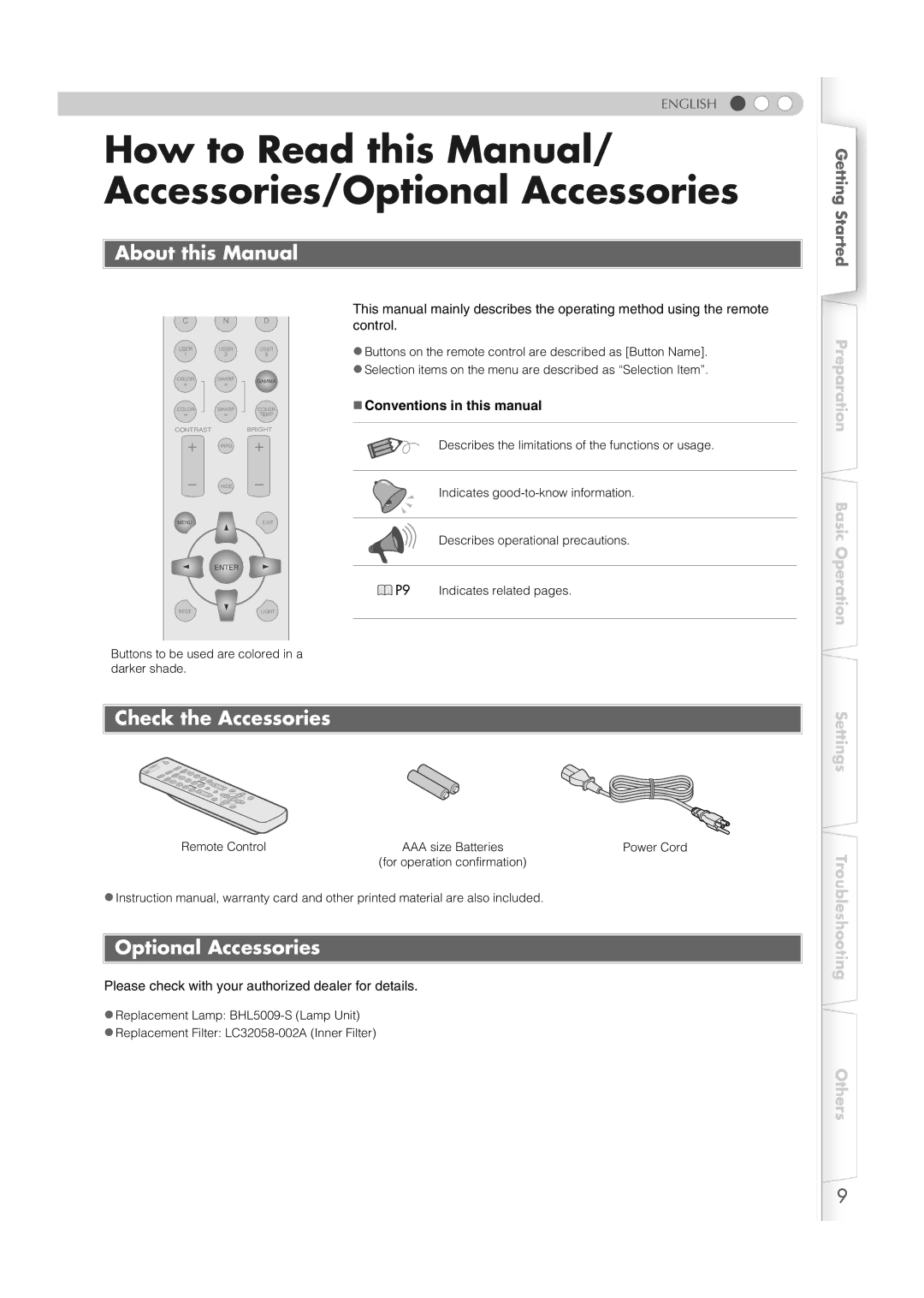 JVC DLA-HD100 manual How to Read this Manual/ Accessories/Optional Accessories, About this Manual, Check the Accessories 