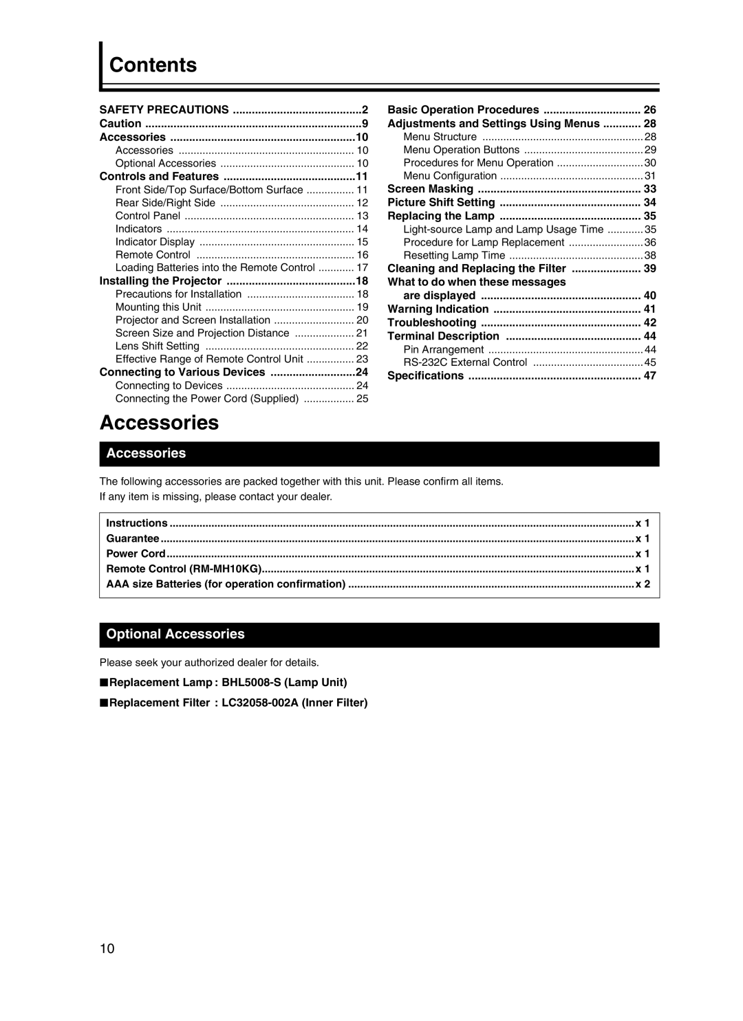 JVC DLA-HD10KU/E, DLA-HD10KSU/E manual Contents, Accessories 