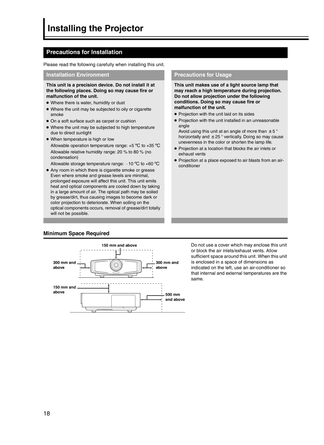 JVC DLA-HD10KU/E Installing the Projector, Precautions for Installation, Installation Environment, Precautions for Usage 