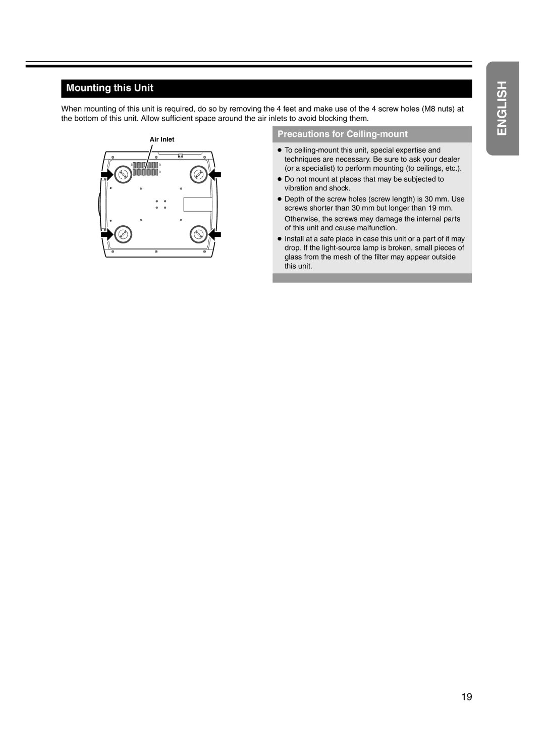 JVC DLA-HD10KSU/E, DLA-HD10KU/E manual Mounting this Unit, Precautions for Ceiling-mount 