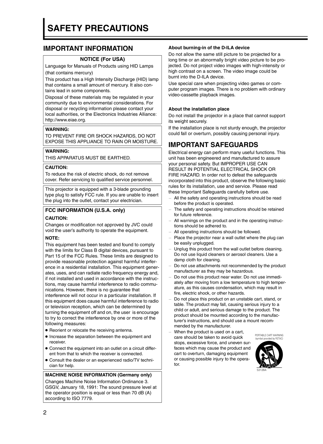 JVC DLA-HD10KU/E, DLA-HD10KSU/E manual Machine Noise Information Germany only, About burning-in of the D-ILA device 