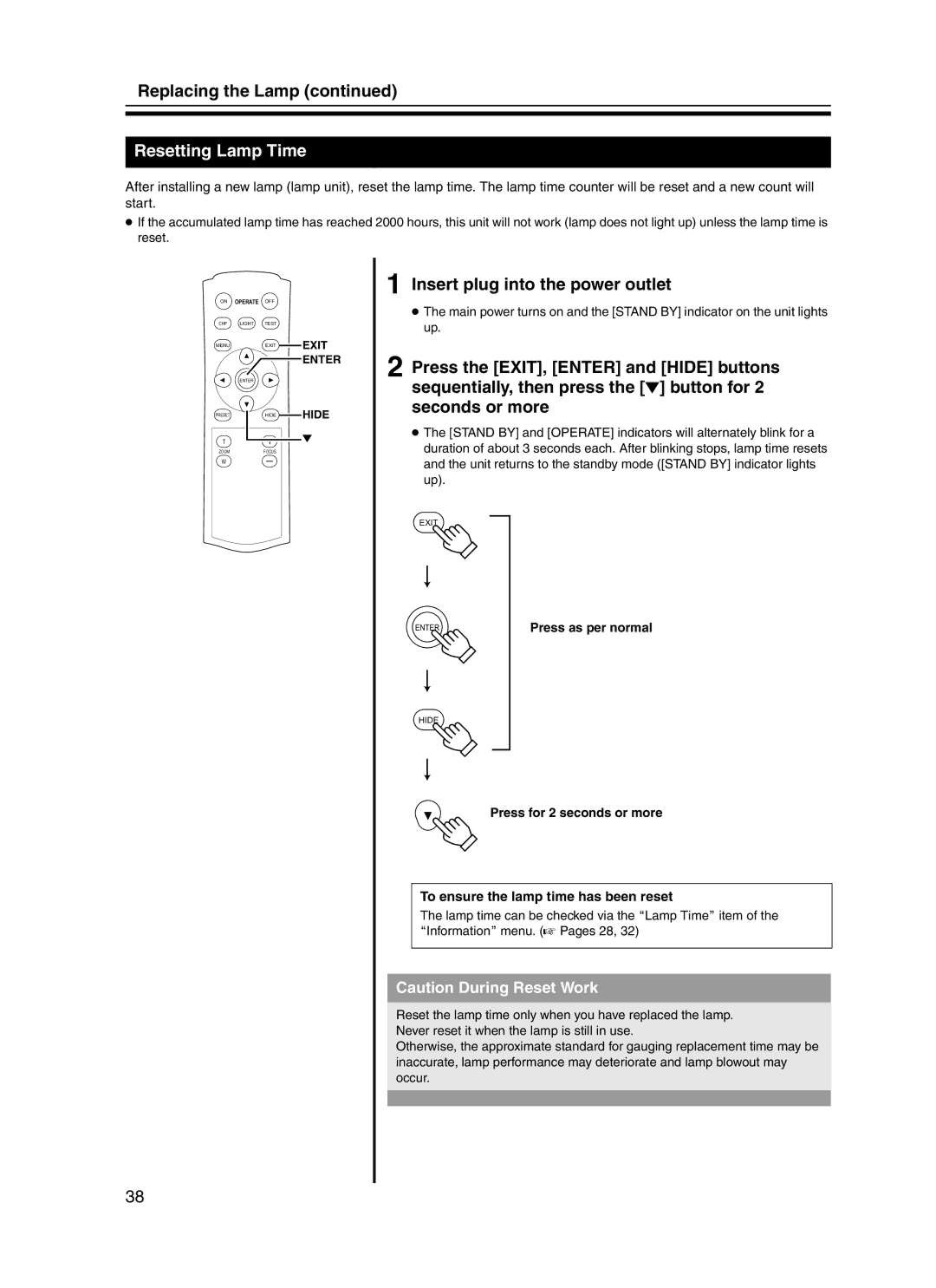 JVC DLA-HD10KU/E manual Resetting Lamp Time, Insert plug into the power outlet, To ensure the lamp time has been reset 