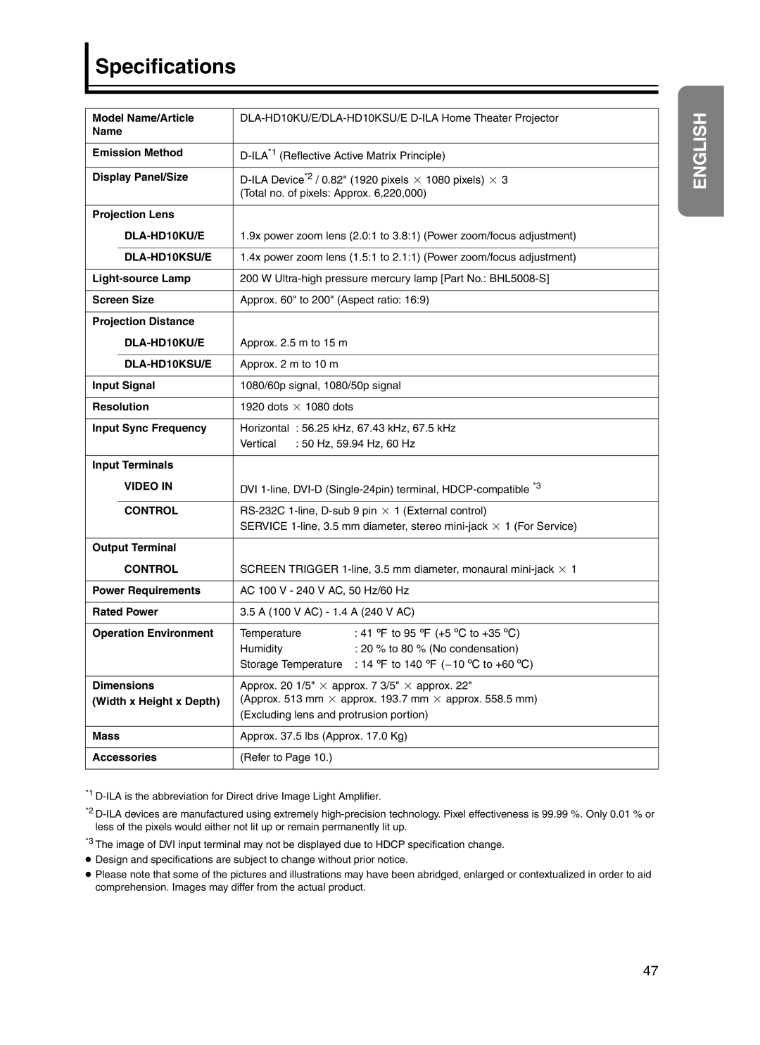 JVC DLA-HD10KSU/E, DLA-HD10KU/E manual Specifications 