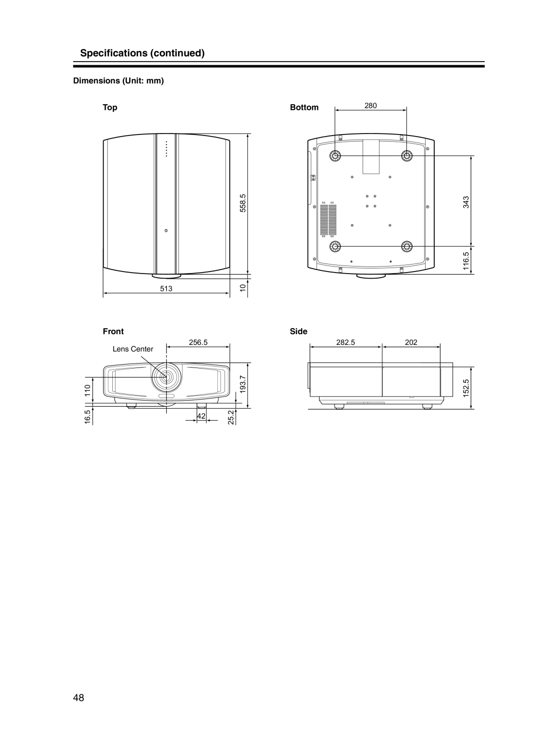 JVC DLA-HD10KU/E, DLA-HD10KSU/E manual Specifications, Dimensions Unit mm Top, Front, Bottom Side 