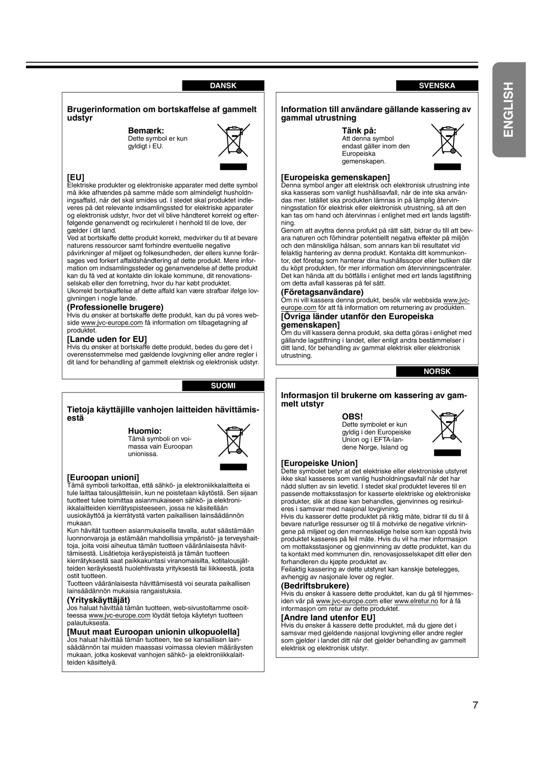 JVC DLA-HD10KSU/E Brugerinformation om bortskaffelse af gammelt udstyr Bemærk, Professionelle brugere Lande uden for EU 