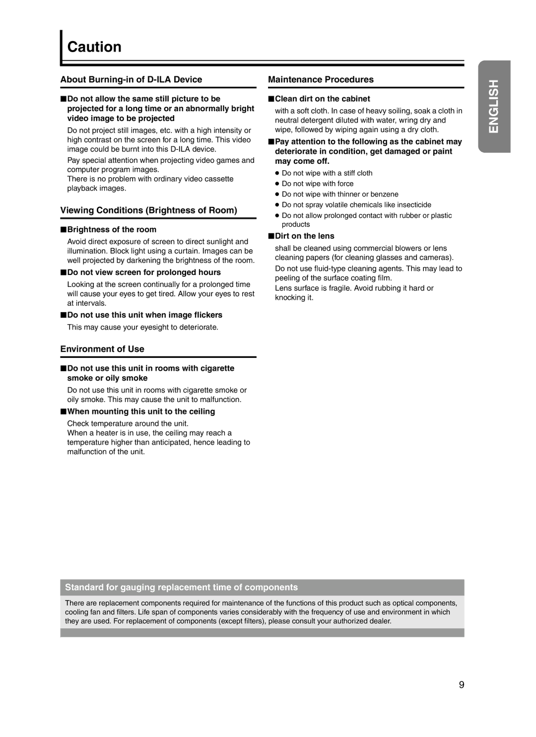 JVC DLA-HD10KSU/E manual About Burning-in of D-ILA Device, Viewing Conditions Brightness of Room, Maintenance Procedures 