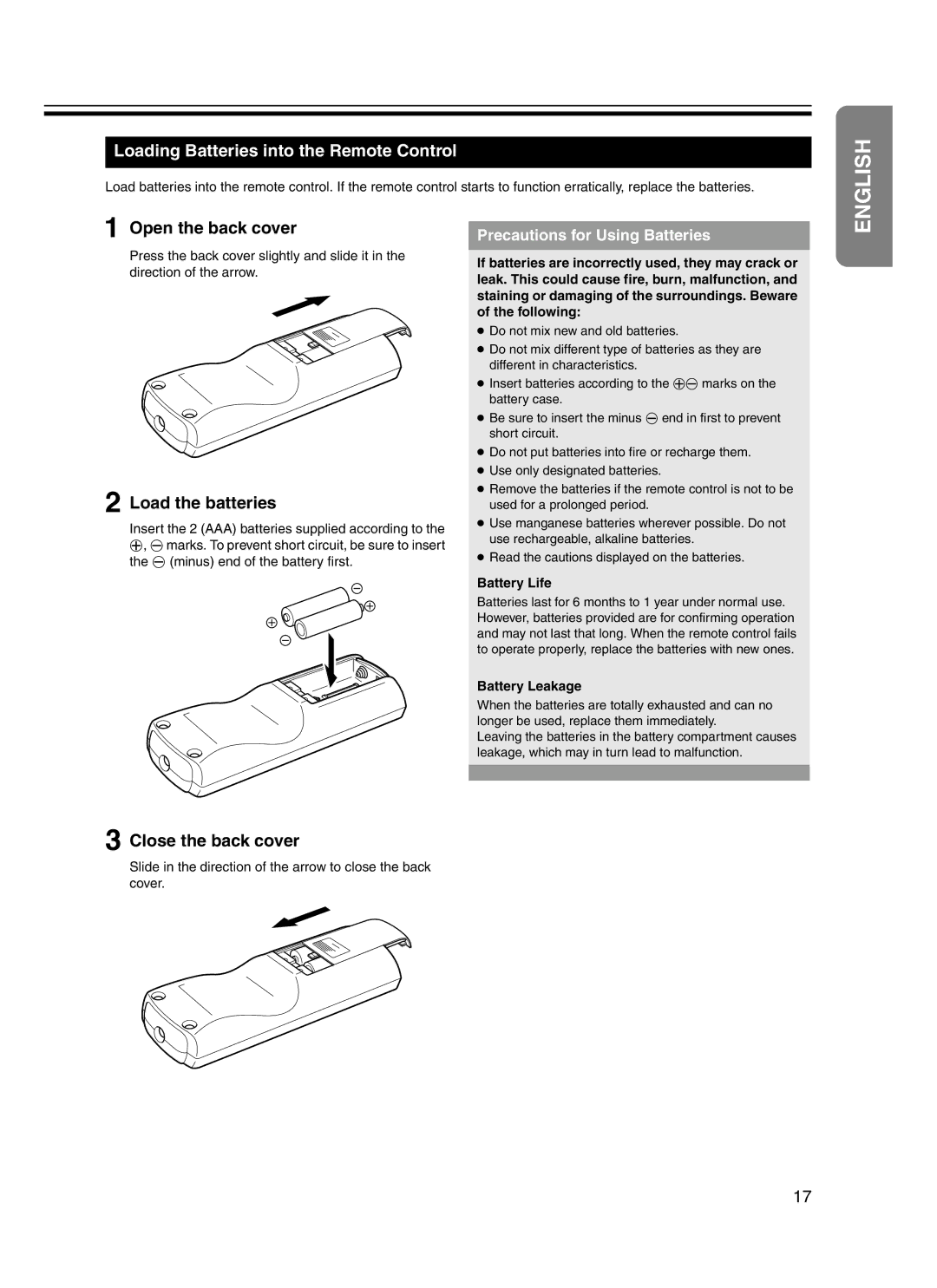 JVC DLA-HD10KSU/E Loading Batteries into the Remote Control, Open the back cover, Load the batteries, Close the back cover 