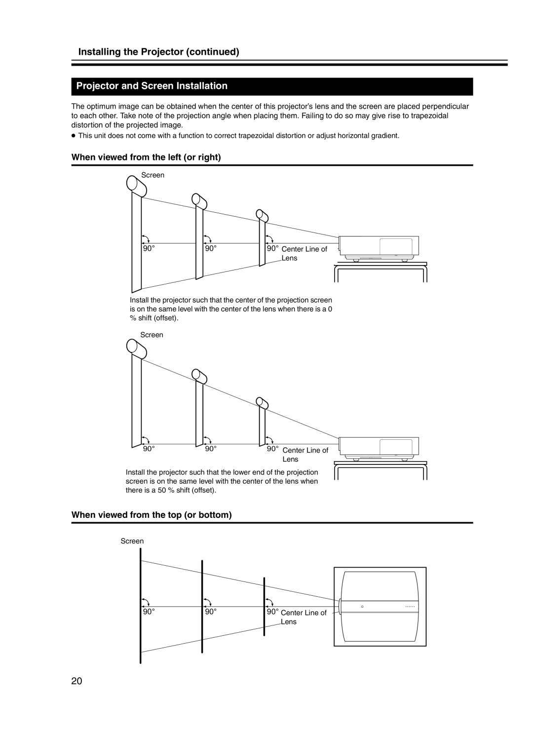 JVC DLA-HD10KU/E manual Installing the Projector, Projector and Screen Installation, When viewed from the left or right 