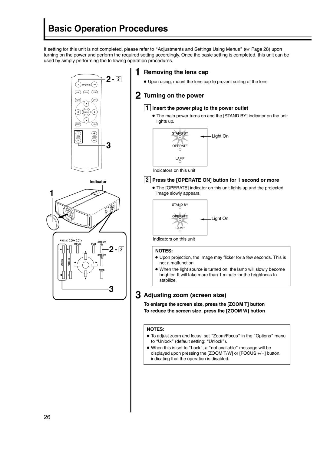 JVC DLA-HD10KU/E manual Basic Operation Procedures, Removing the lens cap, Turning on the power, Adjusting zoom screen size 