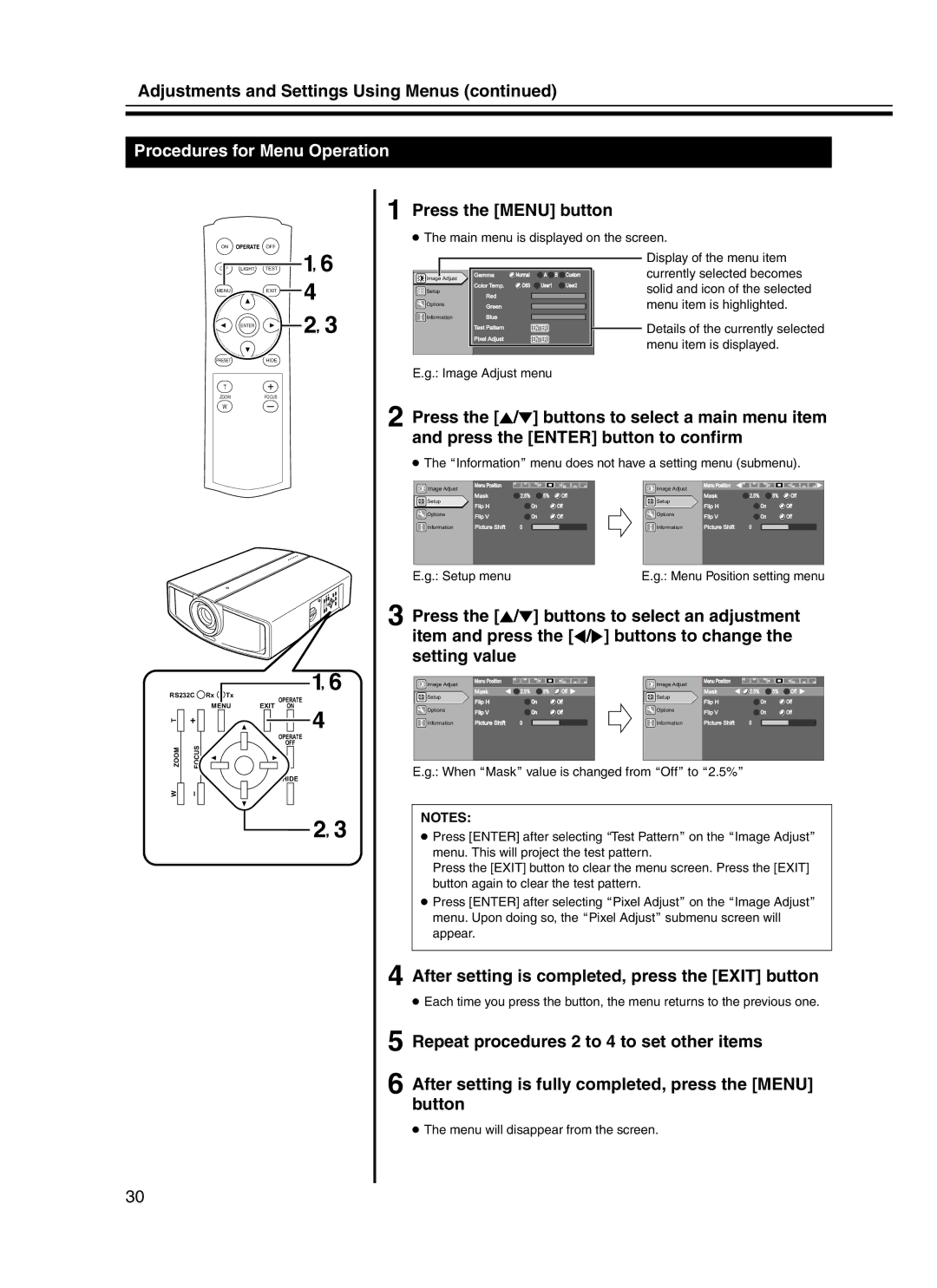 JVC DLA-HD10KU/E, DLA-HD10KSU/E Adjustments and Settings Using Menus, Procedures for Menu Operation, Press the Menu button 