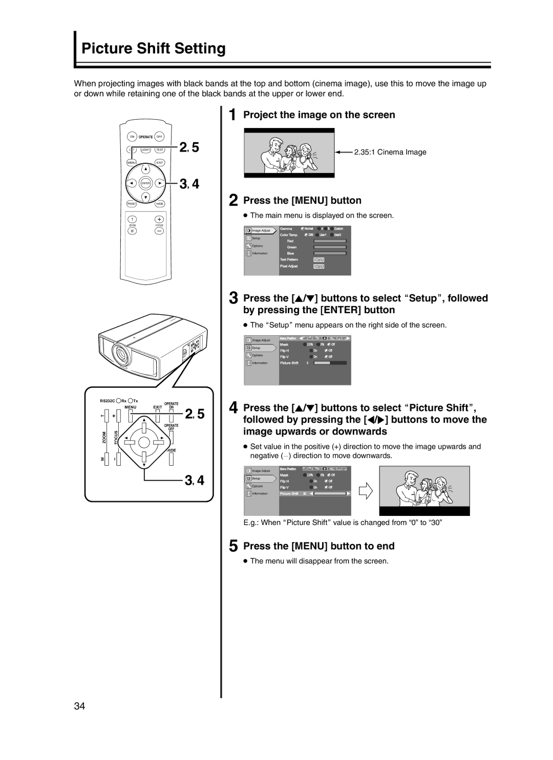 JVC DLA-HD10KU/E, DLA-HD10KSU/E manual Picture Shift Setting, Project the image on the screen 