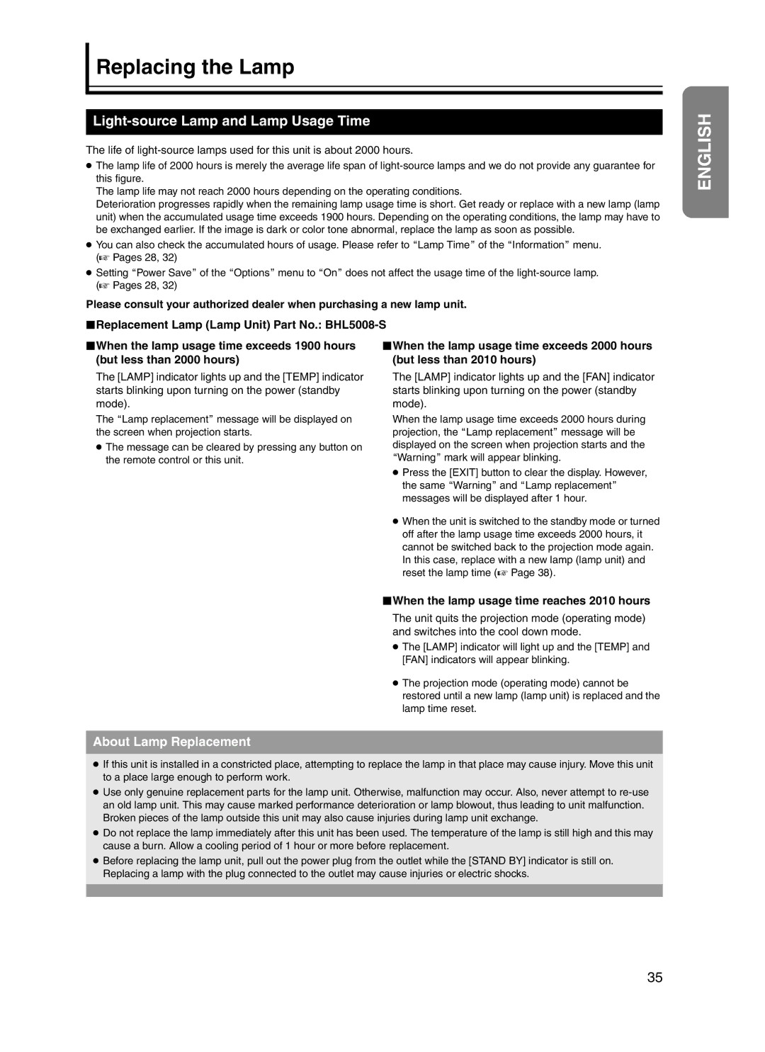 JVC DLA-HD10KSU/E, DLA-HD10KU/E manual Replacing the Lamp, Light-source Lamp and Lamp Usage Time, About Lamp Replacement 