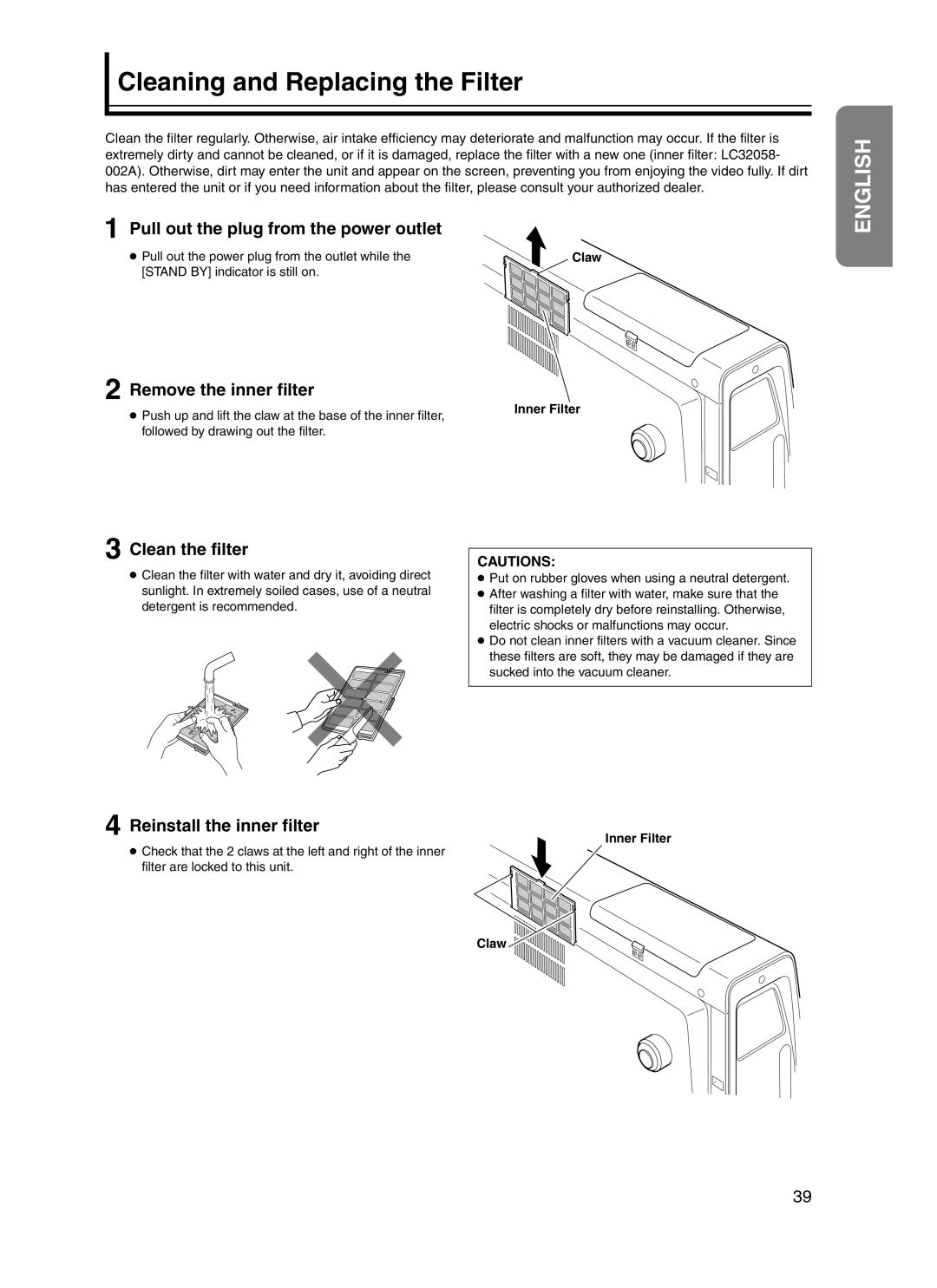 JVC DLA-HD10KSU/E Cleaning and Replacing the Filter, Pull out the plug from the power outlet, Remove the inner filter 