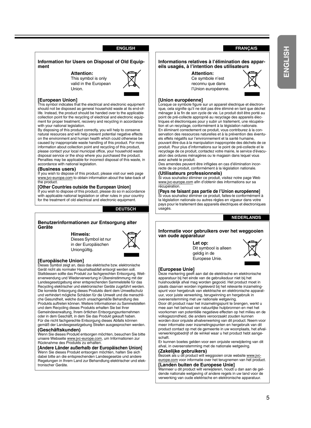 JVC DLA-HD10KSU/E Information for Users on Disposal of Old Equip- ment, European Union, Europäische Union, Europese Unie 