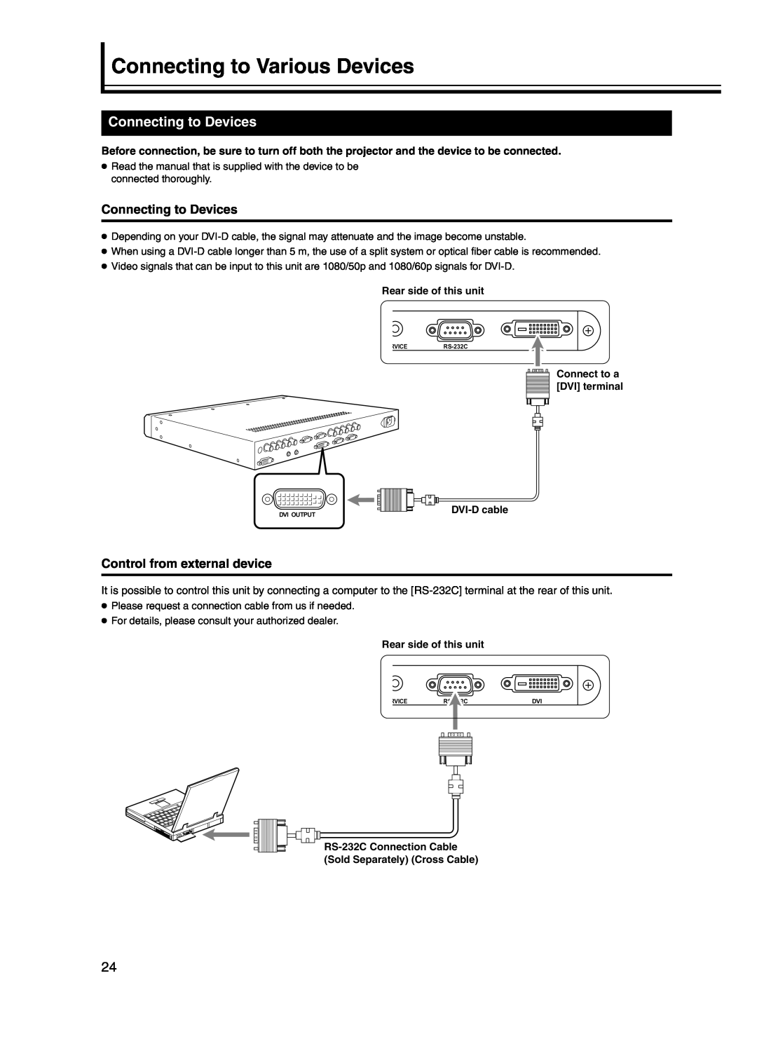 JVC DLA-HD10KU/E manual Connecting to Various Devices, Connecting to Devices, Control from external device, DVI-D cable 