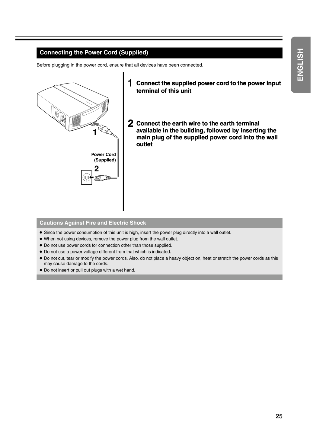 JVC DLA-HD10KSU/E, DLA-HD10KU/E manual Connecting the Power Cord Supplied, English 
